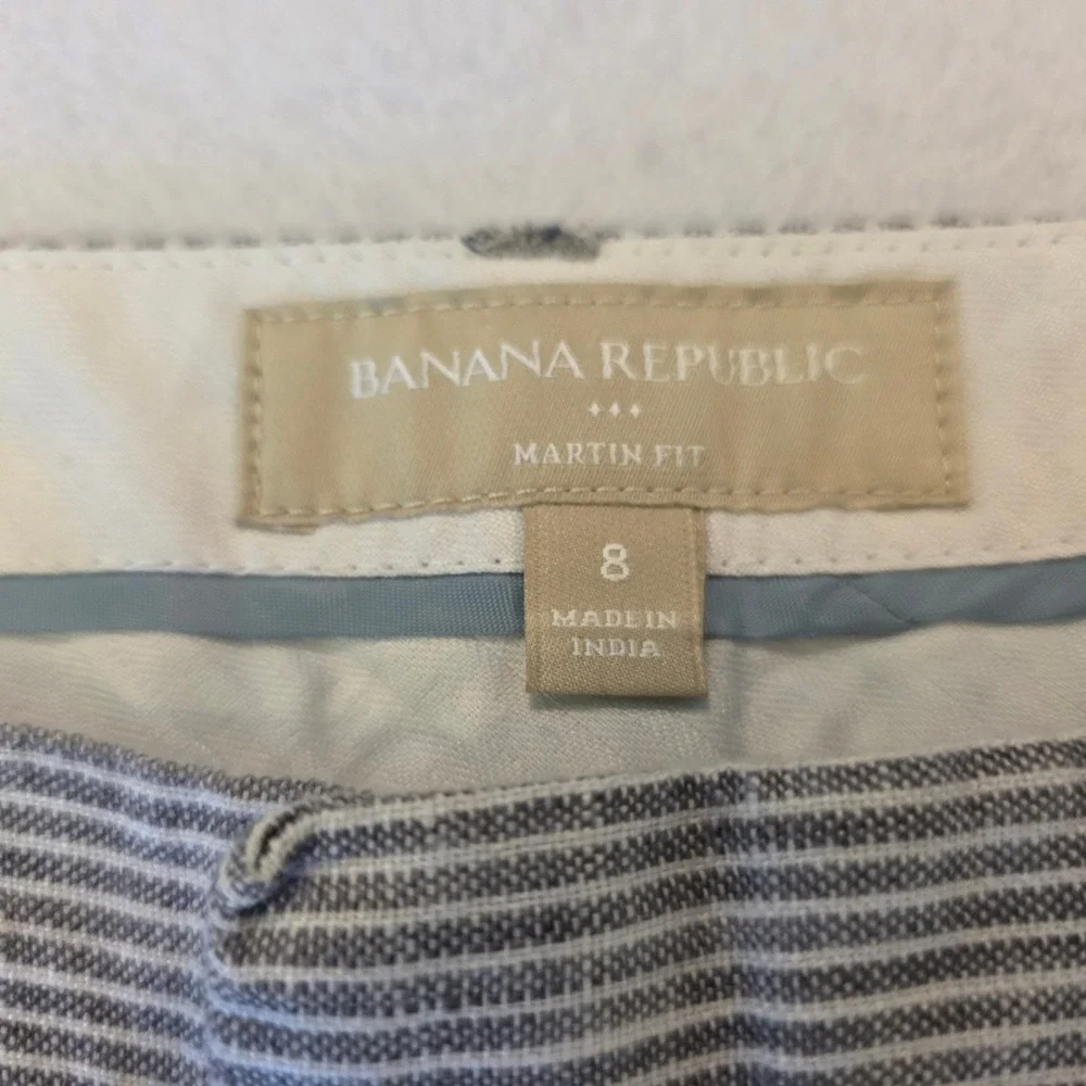Banana Republic Martin Fit Linen Pinstripe Pants Women 8 Grey White Straight Leg